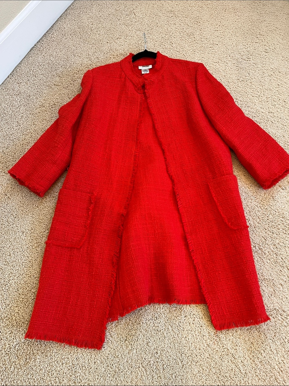 Neiman Marcus Red Bouclé Open-Front Coat